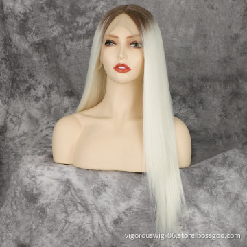 Hand Tied Free Part Full Synthetic Lace Front Wig Preplucked Hairline High Temperature Fiber Ombre Blonde Synthetic Wig